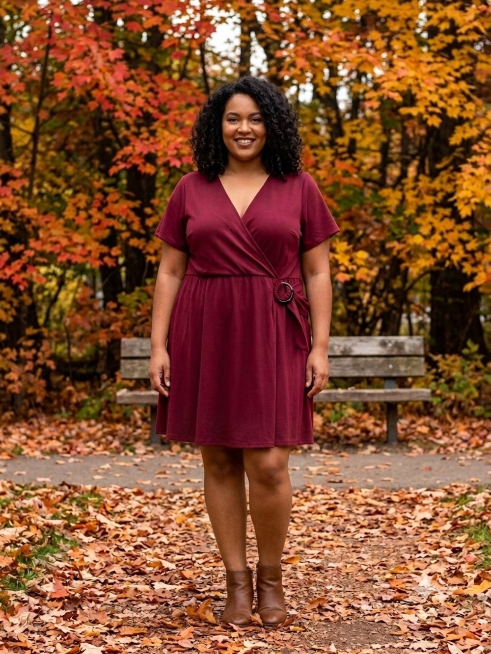 Faux Wrap Front Short Sleeve Dress in Burgundy 3X
